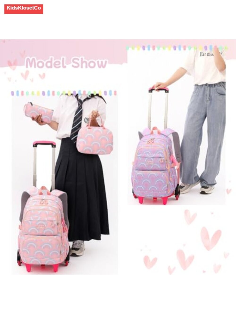 3-Piece Rolling Backpack Set with Lunch Bag and Pencil Case for Kids, Wheeled - Picture 5 of 5